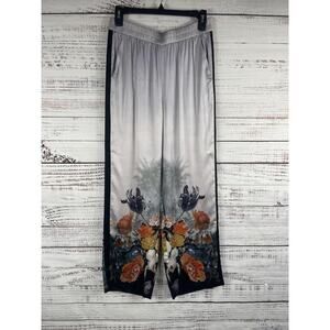 Caballero Pants Women's Small Gray Satin Wide Leg Floral Print Elastic Waist